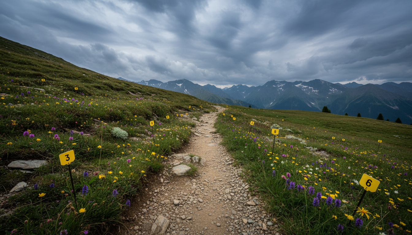 Sentier de montagne dans les Alpes avec marqueurs d'enquête