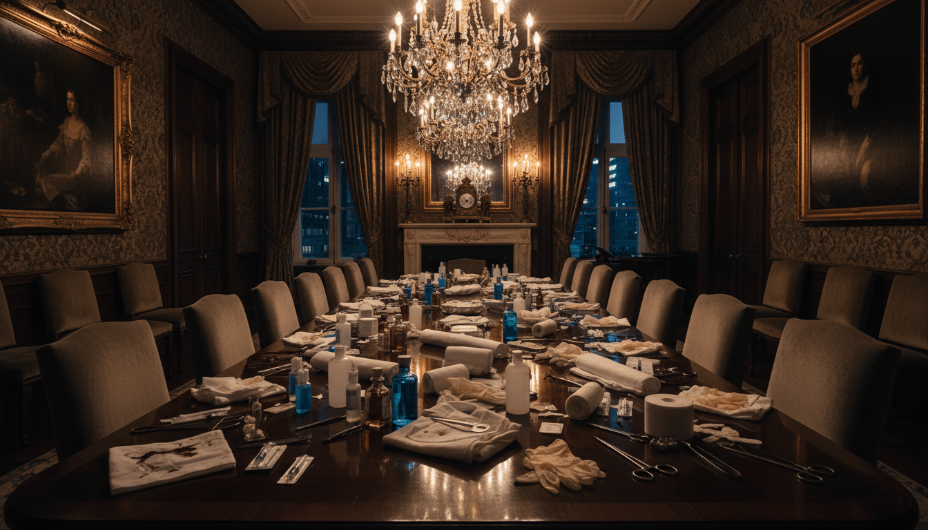 Table de salle à manger avec du matériel médical