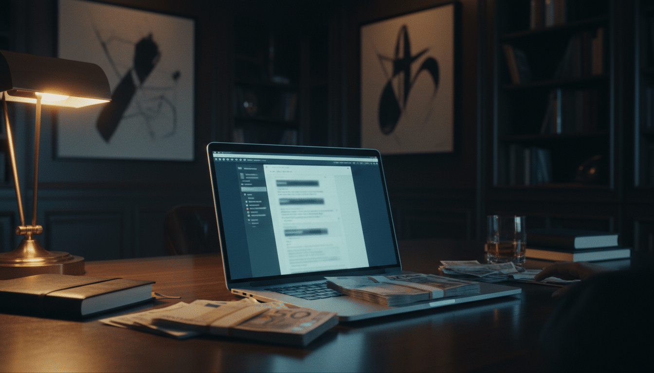 Écran d'ordinateur montrant des échanges de mails dans un bureau luxueux