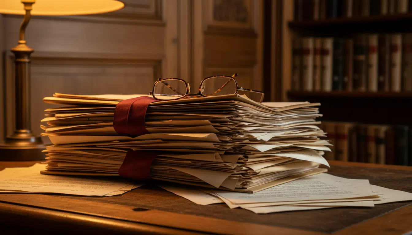 Dossier judiciaire épais posé sur un bureau d'avocat