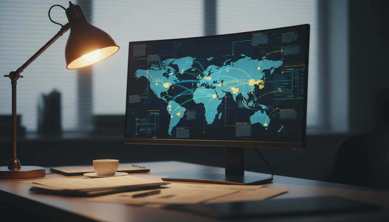 Écran affichant des flux financiers et virements bancaires complexes