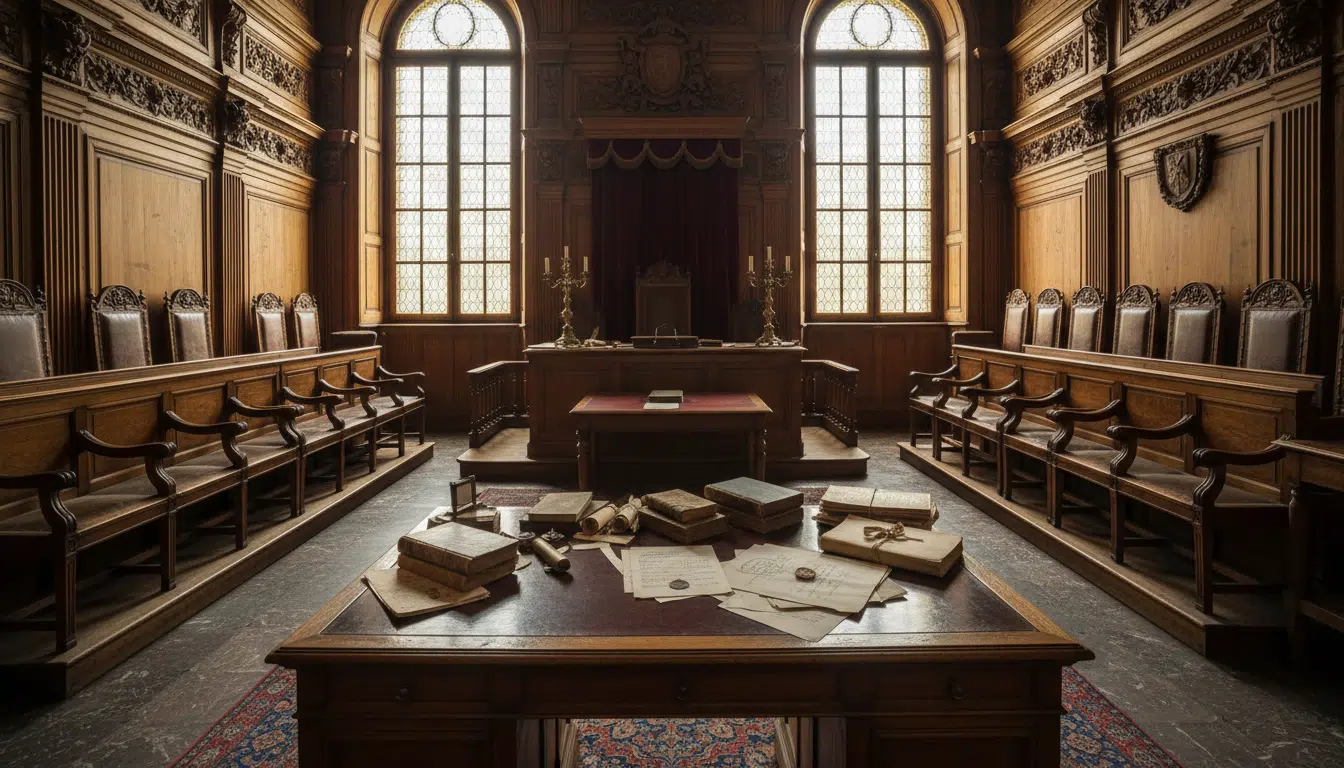 Salle d'audience vide du Palais de Justice de Paris lors du procès Sarkozy-Guéant