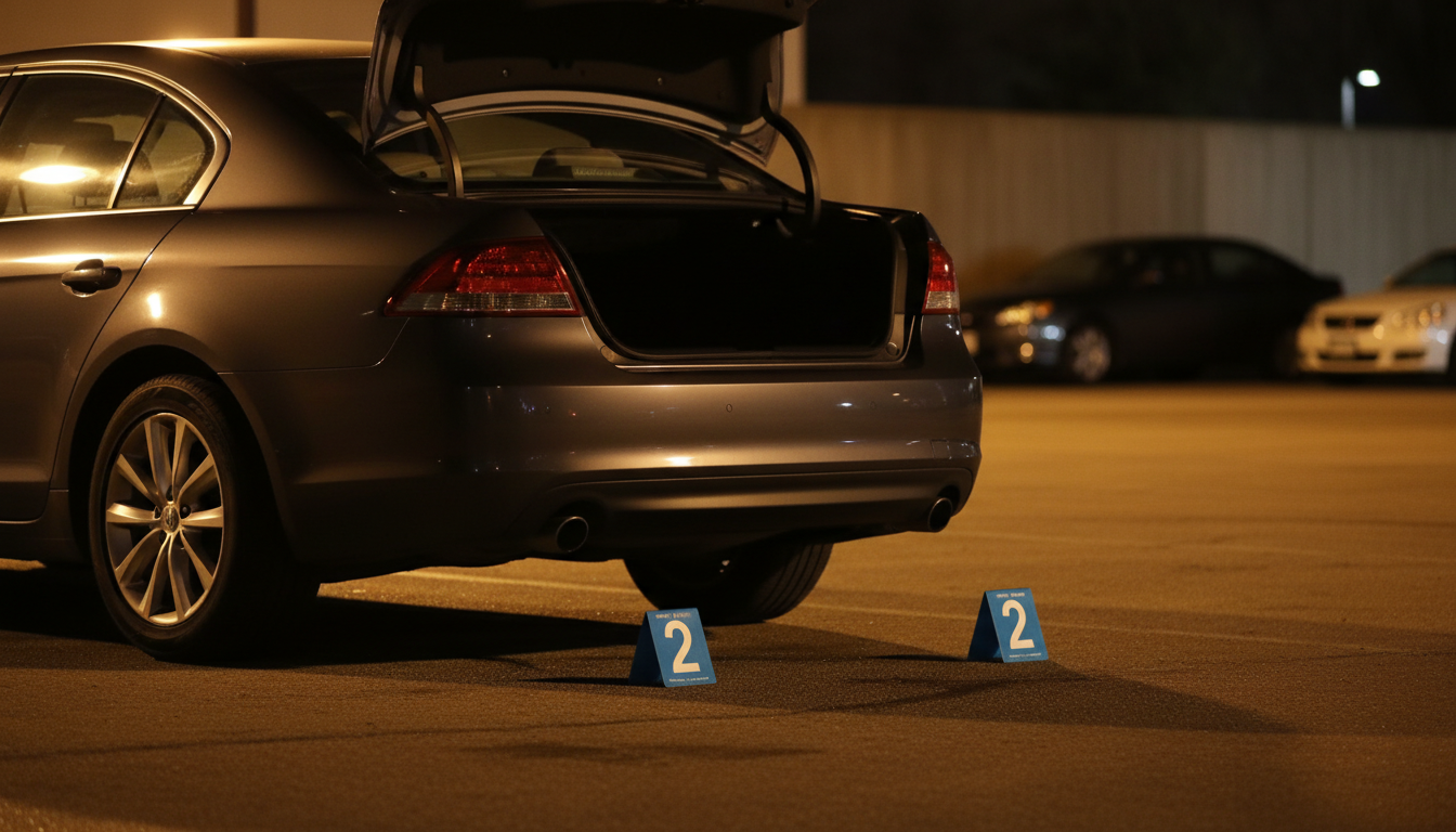 Coffre de voiture avec marqueurs de preuves scène forensique