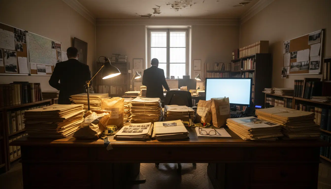 Bureau du pôle Cold Case de Nanterre avec dossiers anciens