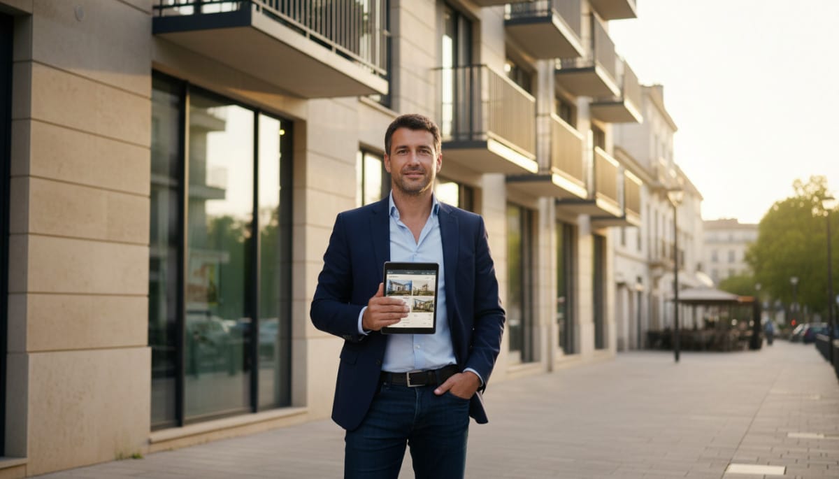 Agent immobilier bordelais devant un immeuble moderne