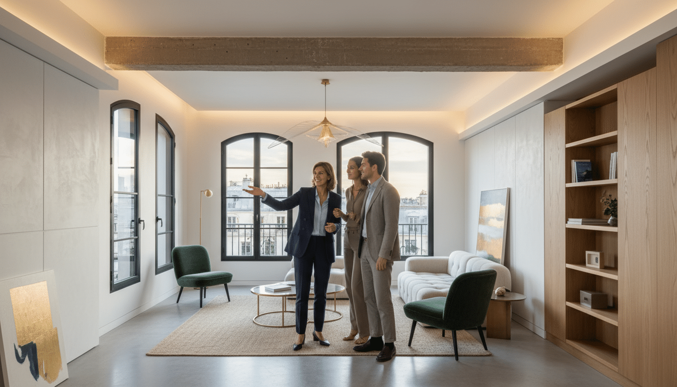 Agent immobilier faisant visiter un appartement à des acheteurs