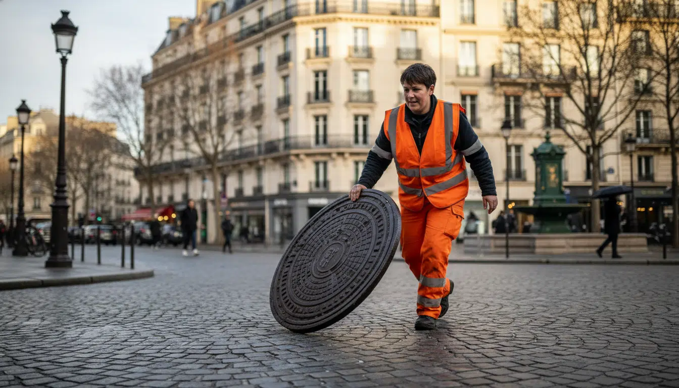 Agent voirie faisant rouler une plaque d'égout en fonte