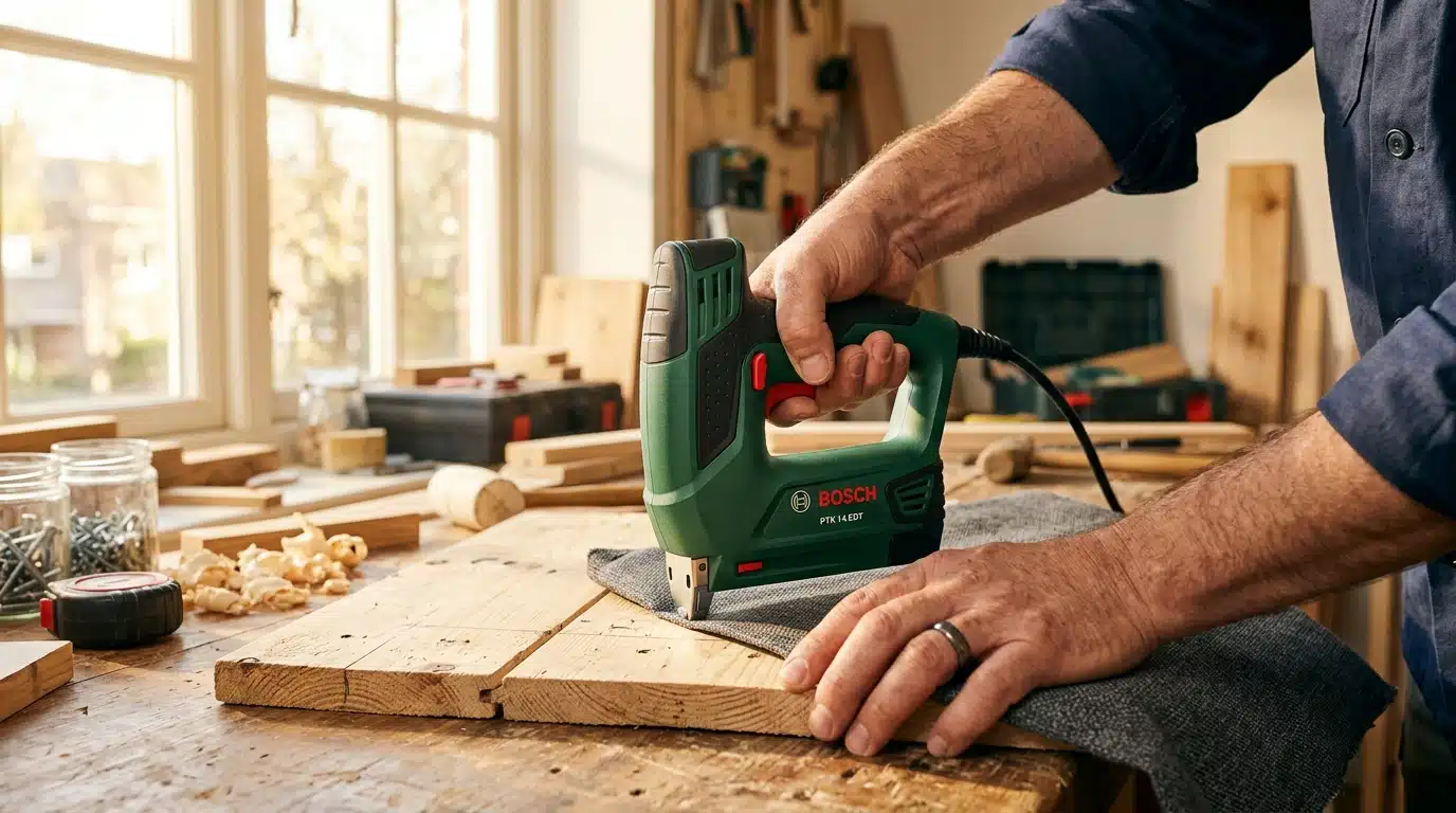 Agrafeuse Bosch PTK 14 EDT tenue en main dans un atelier