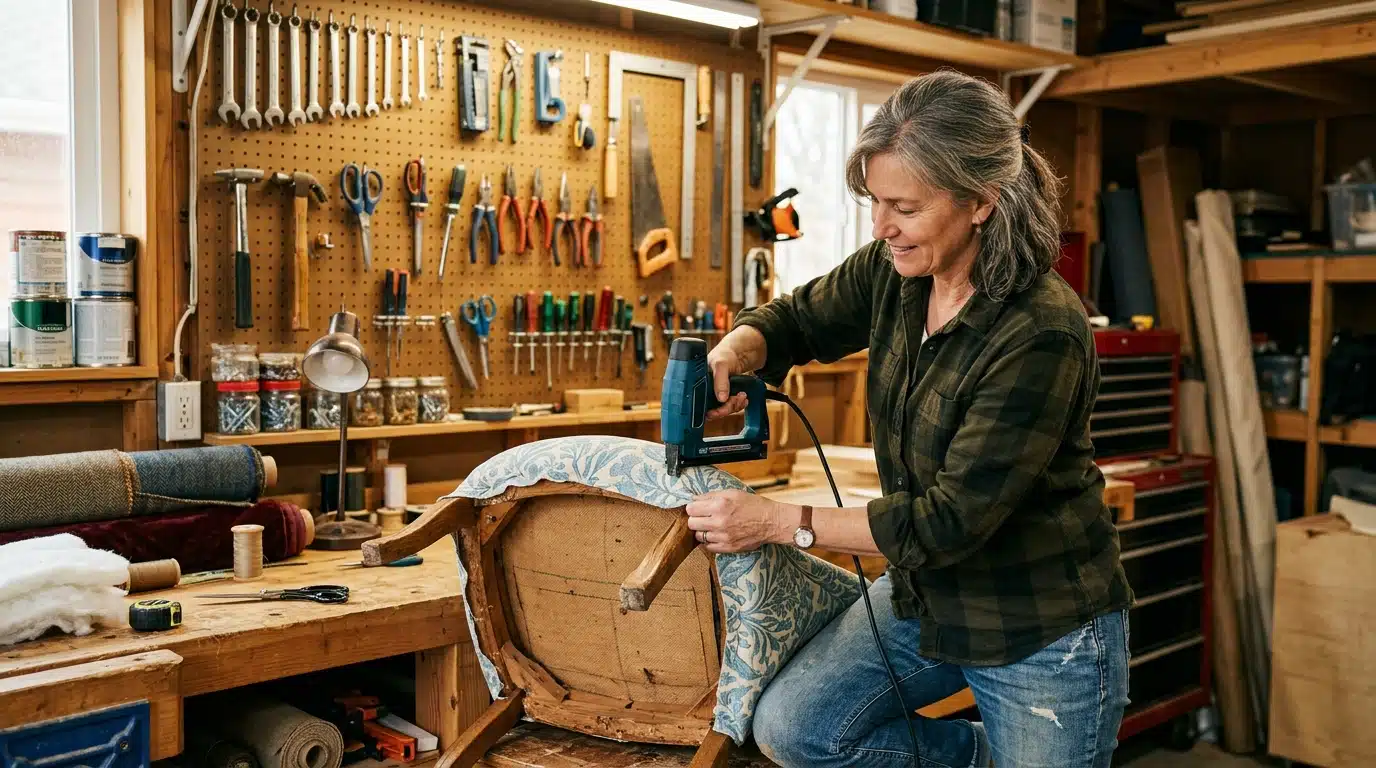 Personne fixant du tissu sur une chaise avec une agrafeuse électrique