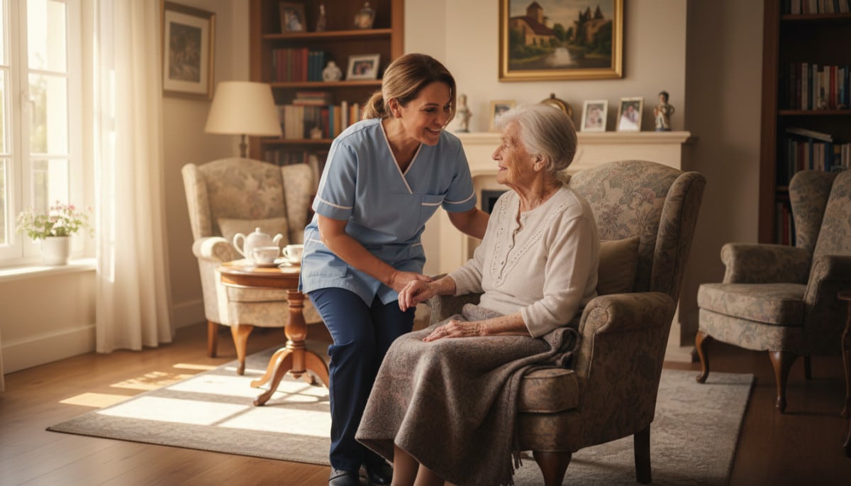 Aide à domicile accompagnant une personne âgée