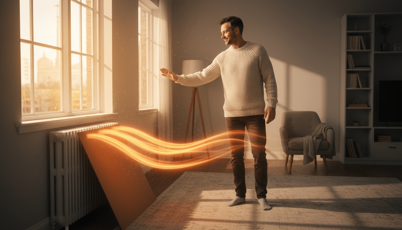 Air chaud redirigé vers la pièce par un déflecteur carton