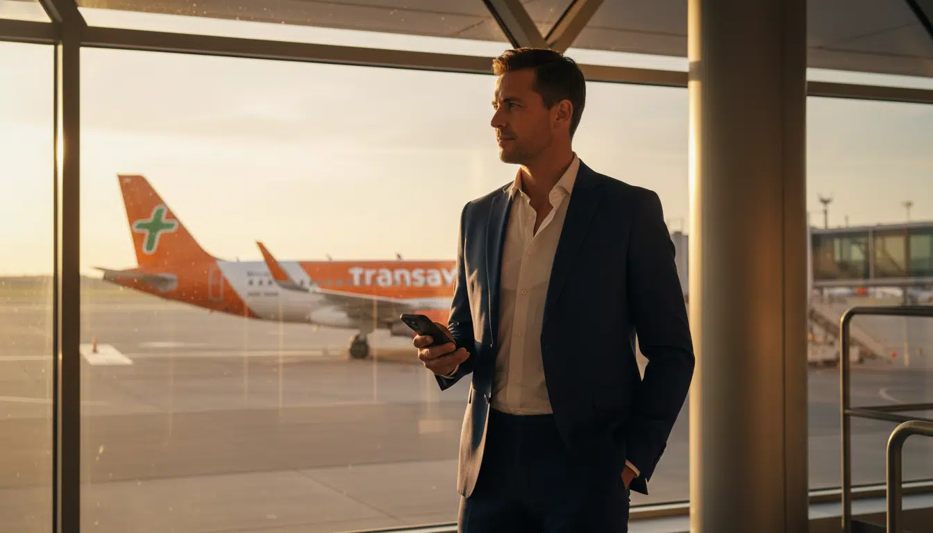 Voyageur d'affaires devant un avion Transavia à Orly