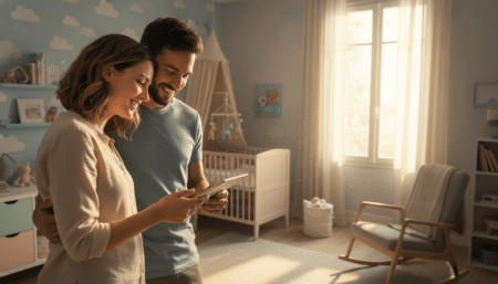 Couple de jeunes parents choisissant un prénom pour leur bébé