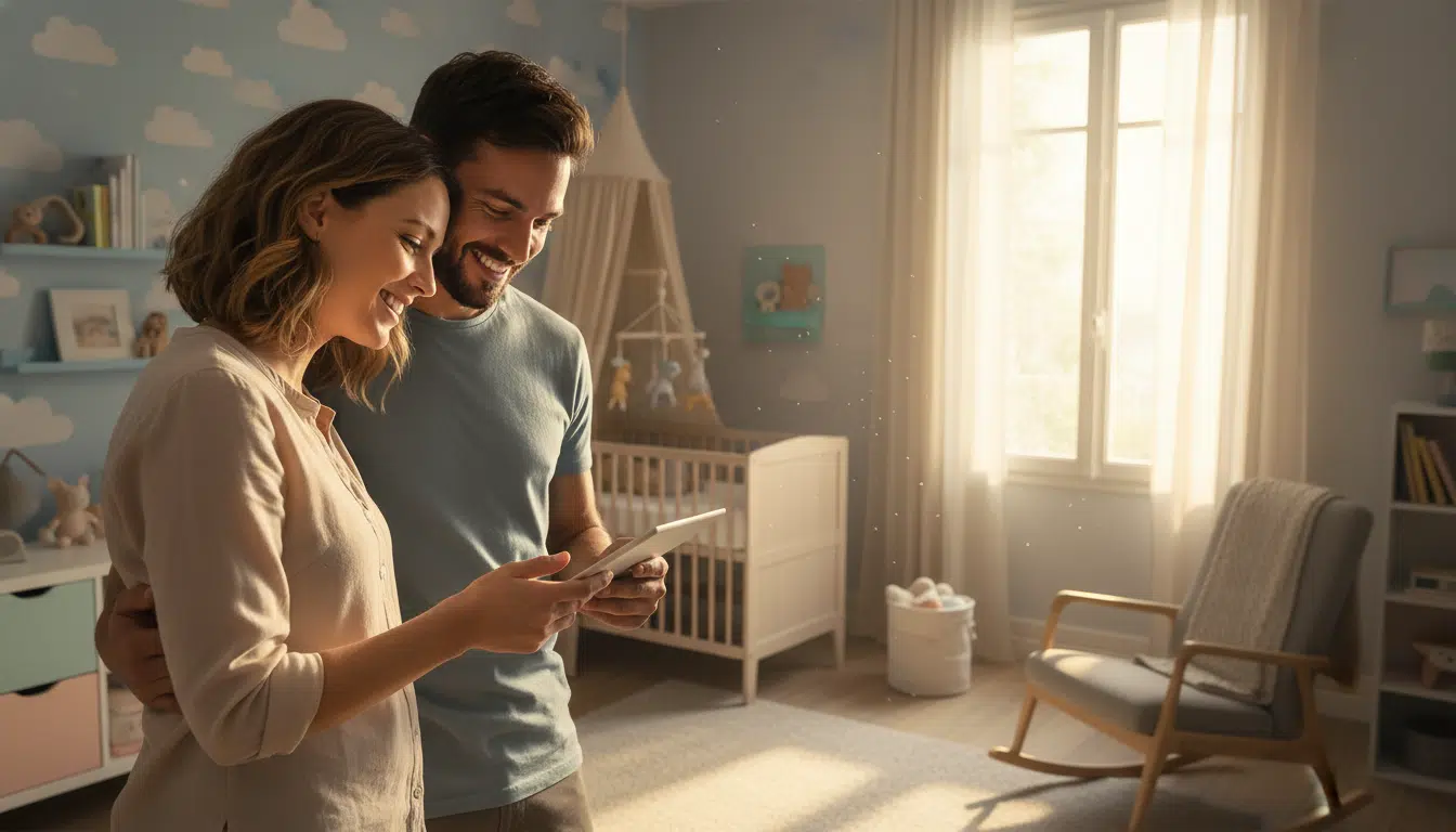 Couple de jeunes parents choisissant un prénom pour leur bébé