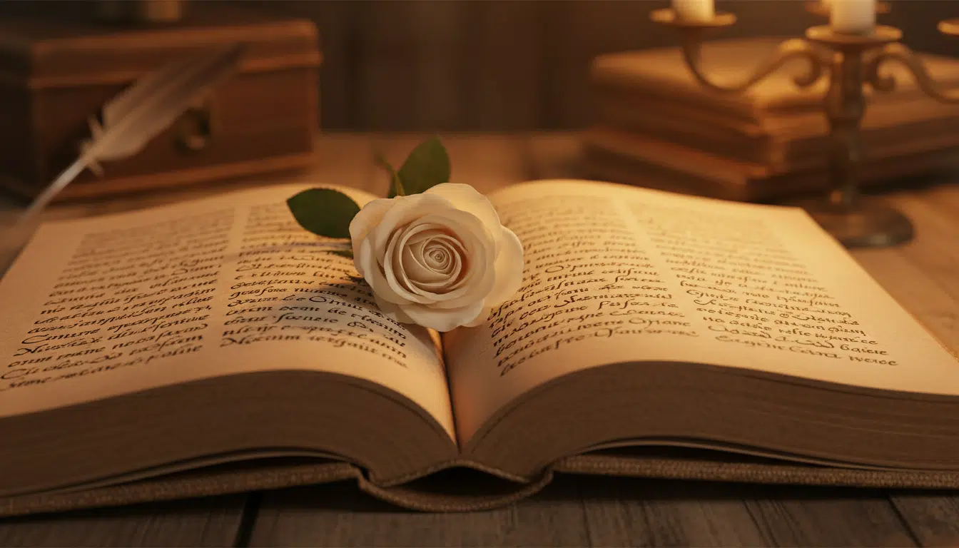 Livre ancien ouvert avec calligraphie latine et rose blanche