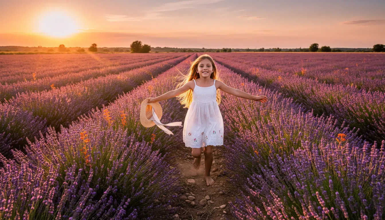 Petite fille souriante courant dans un champ de lavande ensoleillé