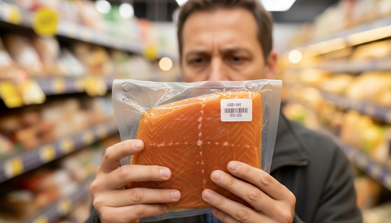 Consommateur vérifiant la date sur un paquet de saumon fumé