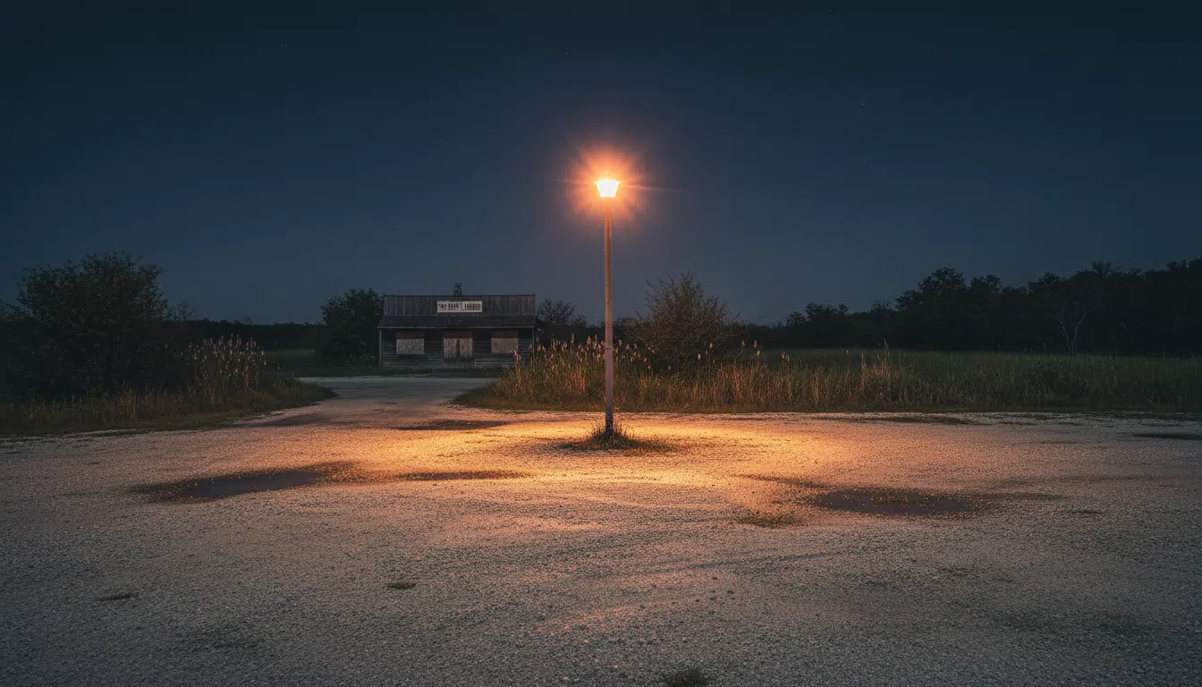 Parking isolé de nuit en Camargue, ambiance oppressante sous un lampadaire orange