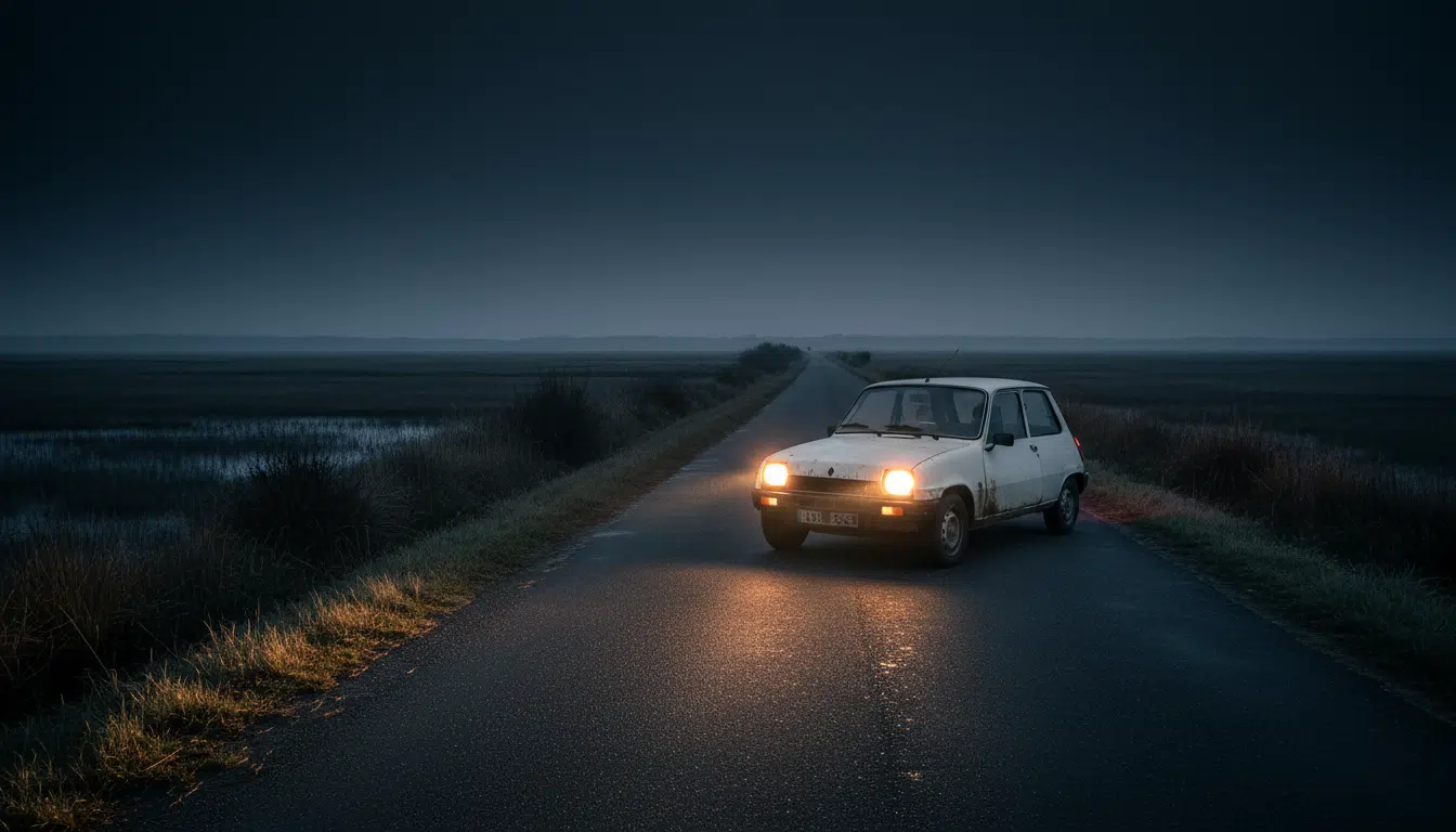 Petite voiture blanche arrêtée de nuit sur une route de campagne isolée en Camargue