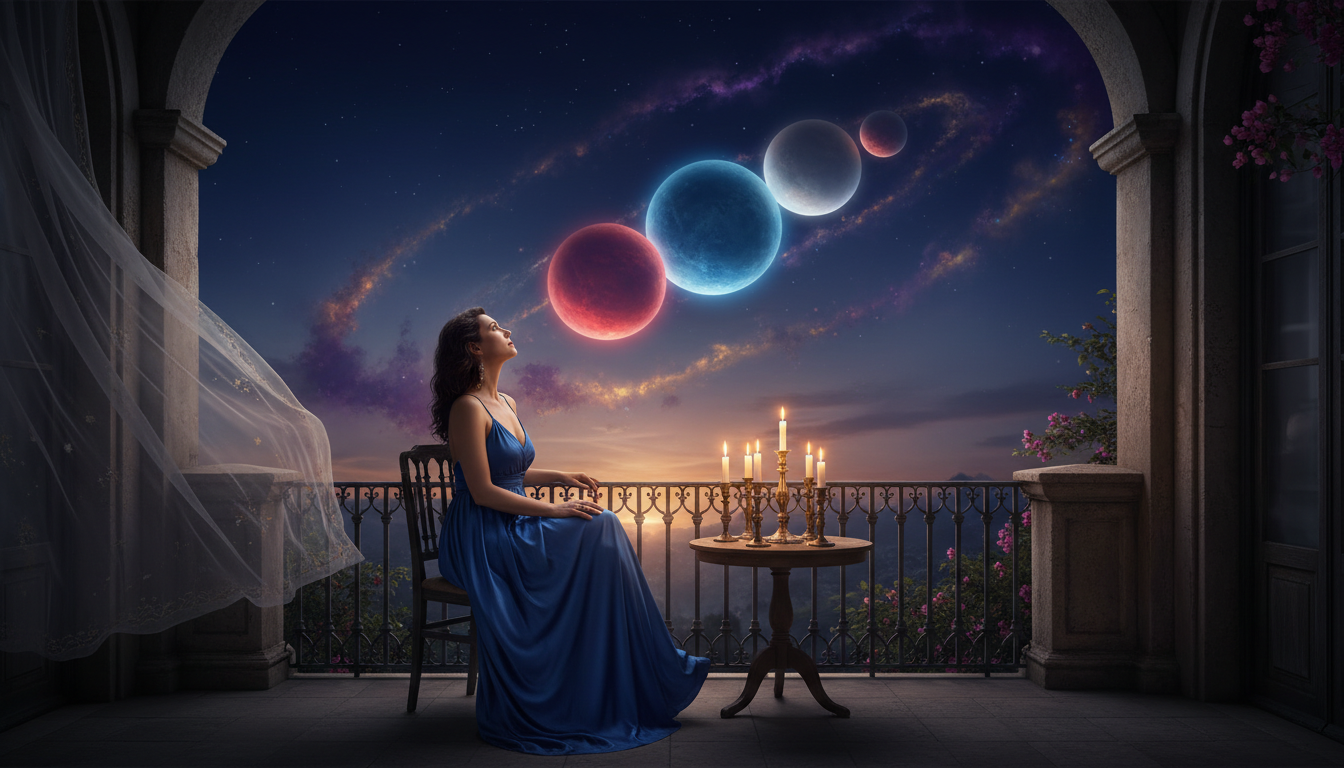 Femme contemplant un alignement planétaire au crépuscule