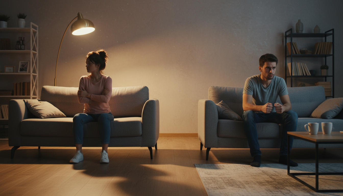 Couple en tension assis sur un canapé sous lumière dorée