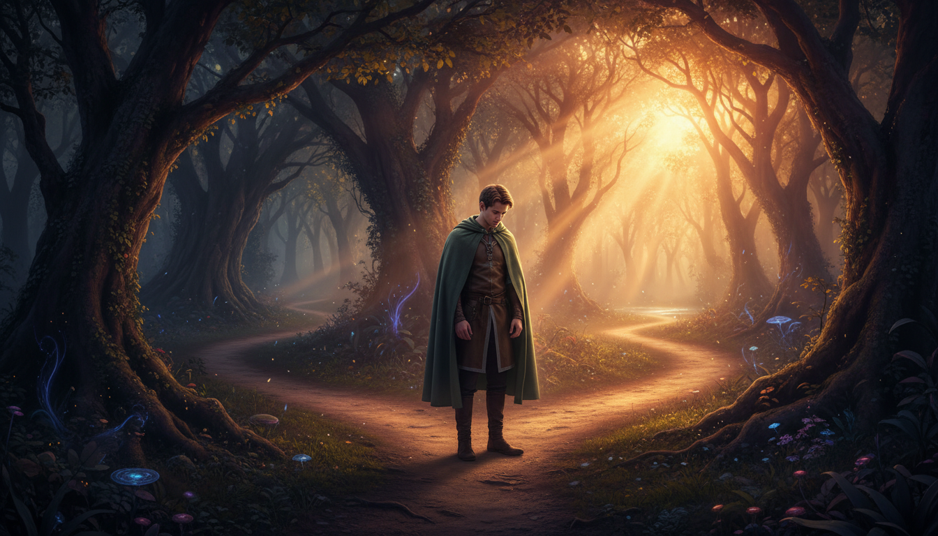 Homme face à un carrefour symbolique dans une forêt au crépuscule