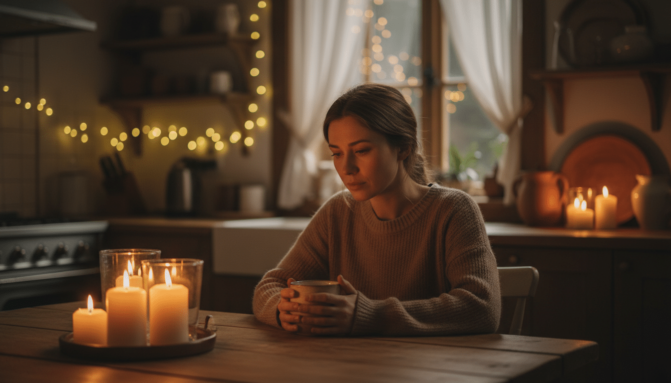 Femme pensive éclairée par des bougies ambiance chaleureuse