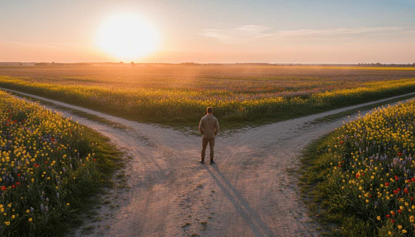 Personne à un carrefour de chemins au coucher du soleil