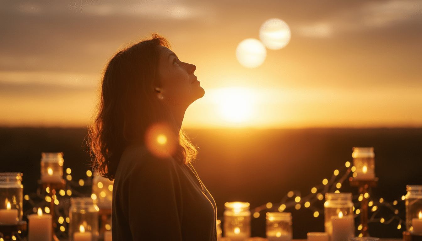 Femme observant deux planètes alignées au crépuscule doré