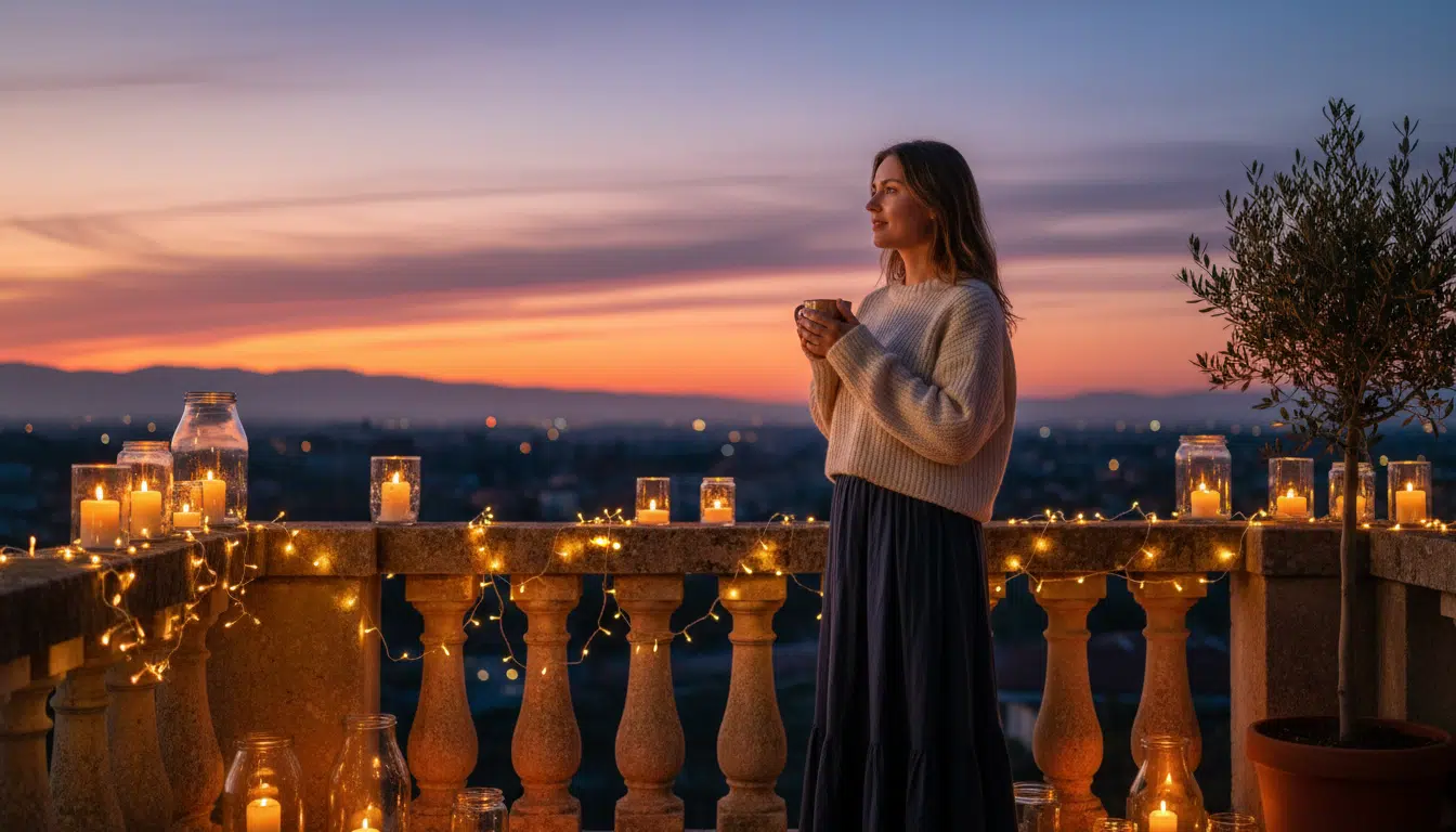 Femme contemplant un coucher de soleil depuis son balcon
