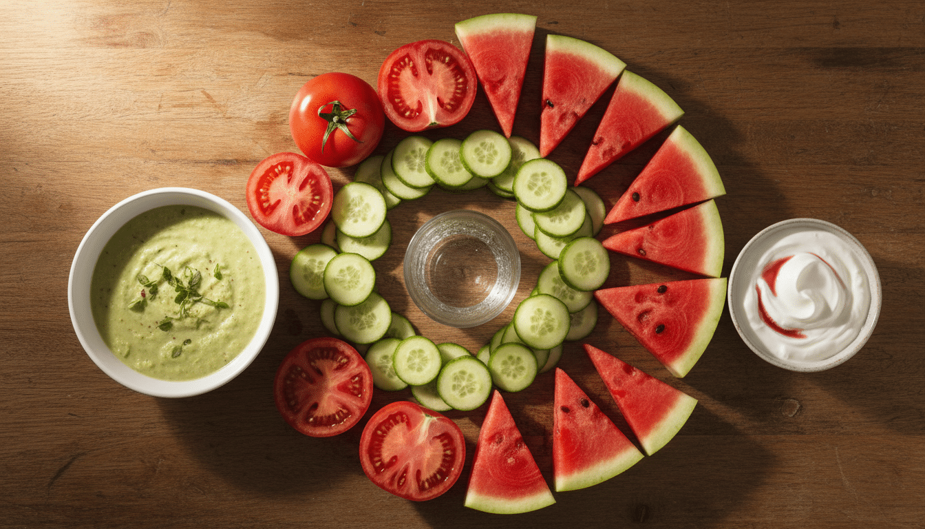 Aliments hydratants autour d'un verre d'eau