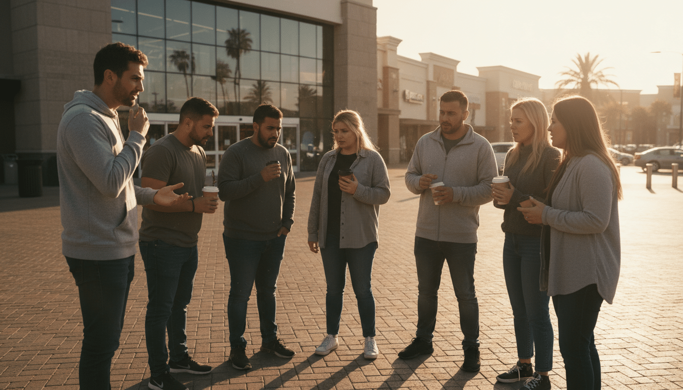 Salariés inquiets réunis devant un centre commercial