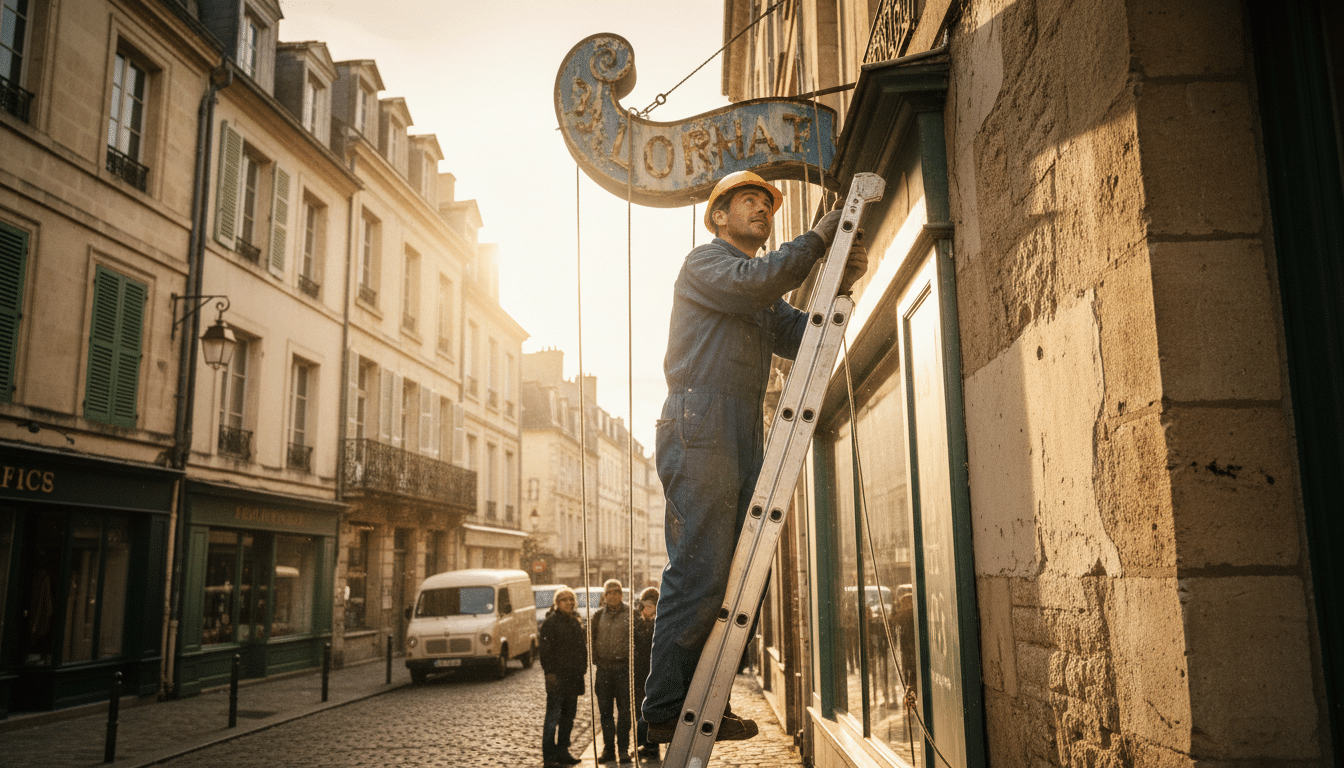 Ouvrier retirant l'enseigne d'un magasin fermé
