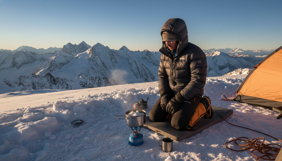 alpiniste faisant bouillir de l'eau en altitude en montagne