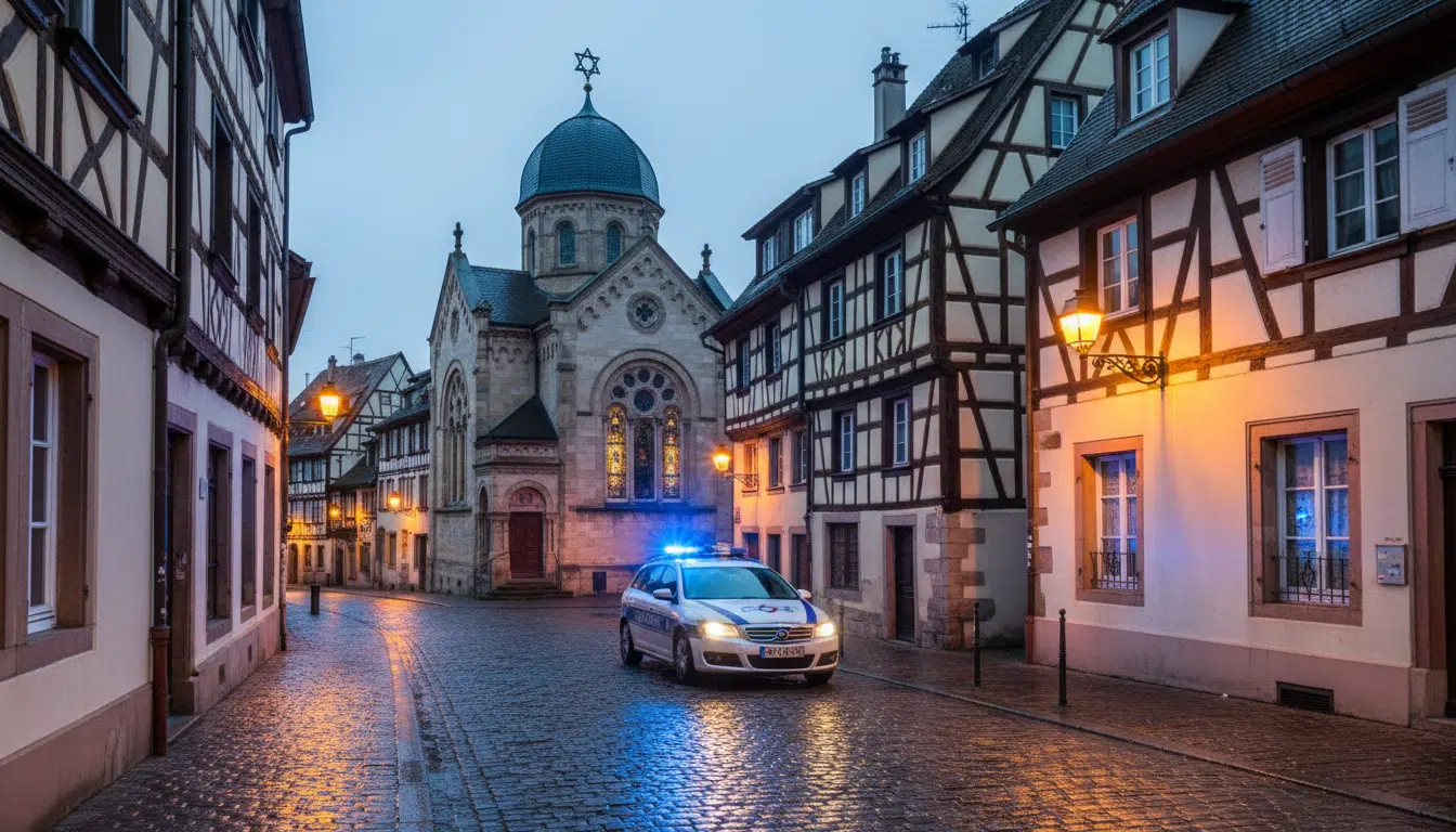 Voiture de police devant un lieu de culte en Alsace