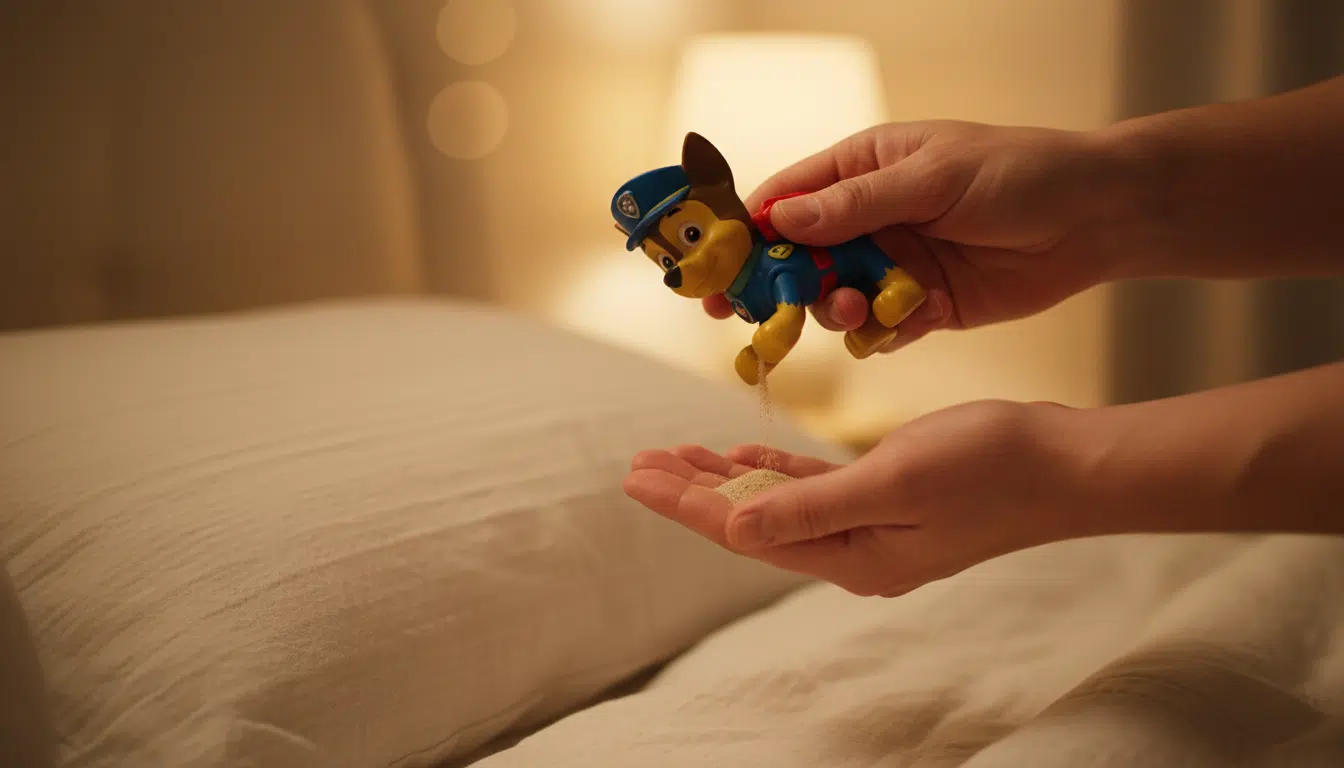 Figurine élastique en sable déchirée sur un lit d'enfant