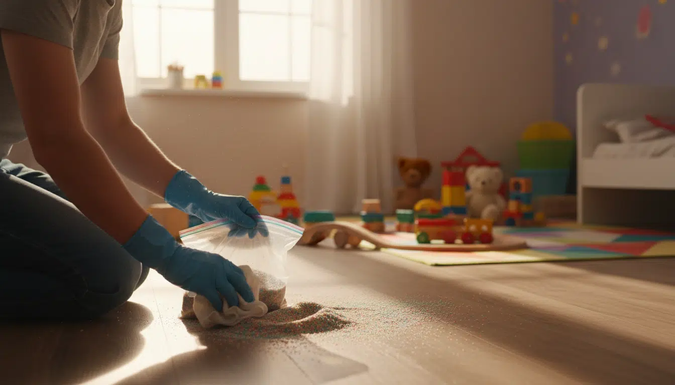 Parent ramassant du sable contaminé avec un chiffon humide