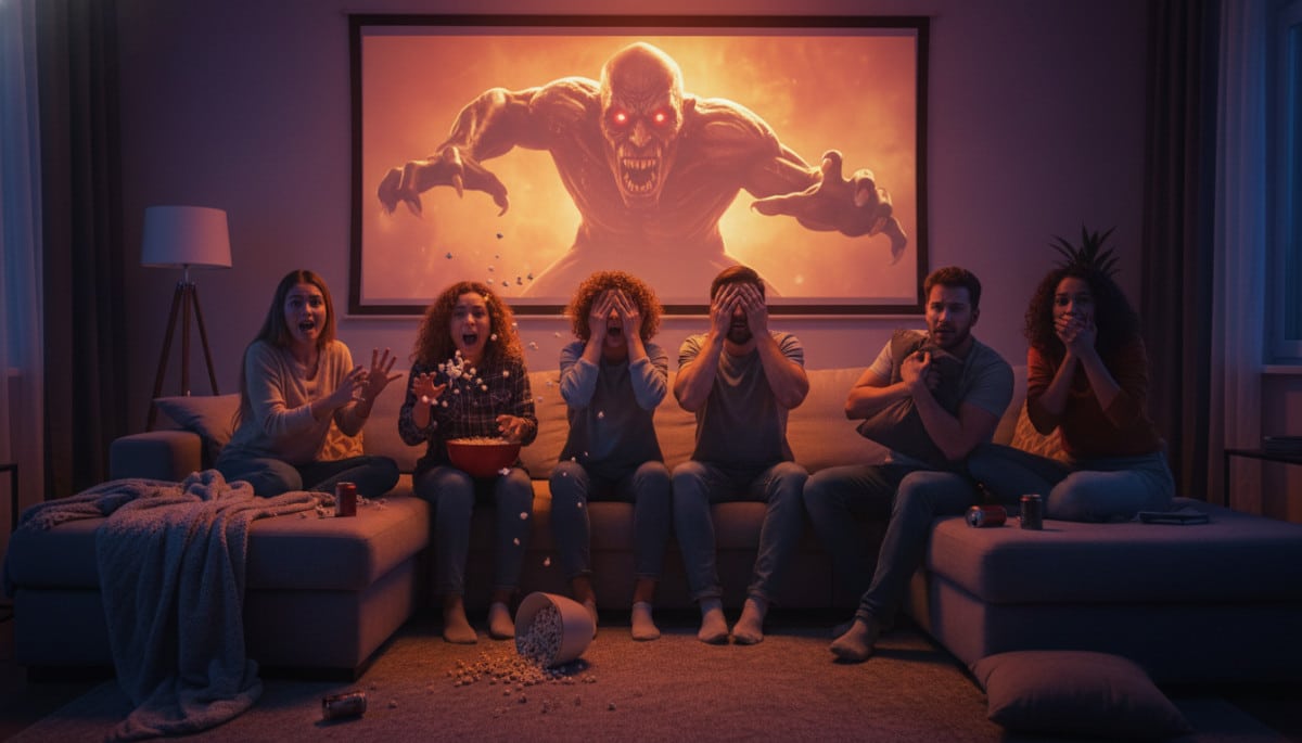 Amis effrayés devant un film d'horreur