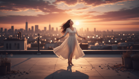 Femme les yeux fermés au coucher de soleil doré