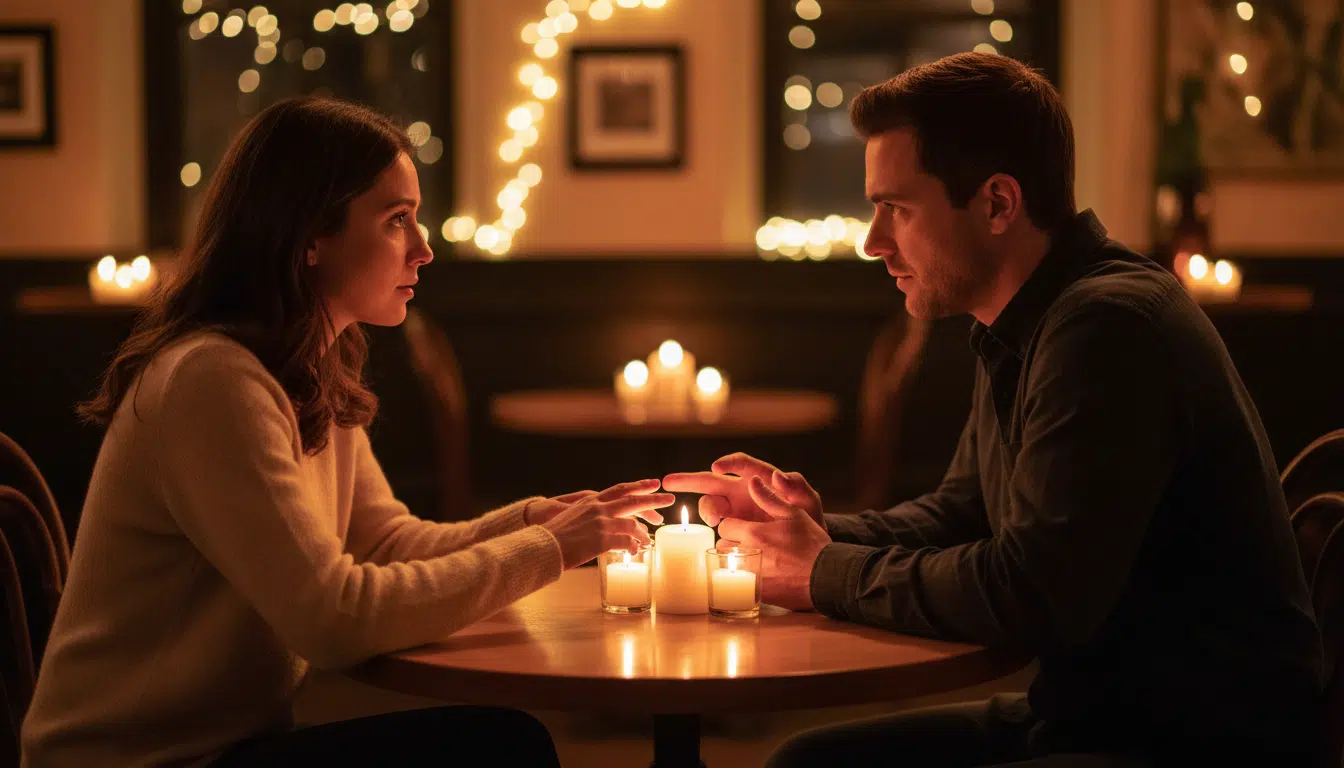 Couple en conversation intense à la lueur de bougies
