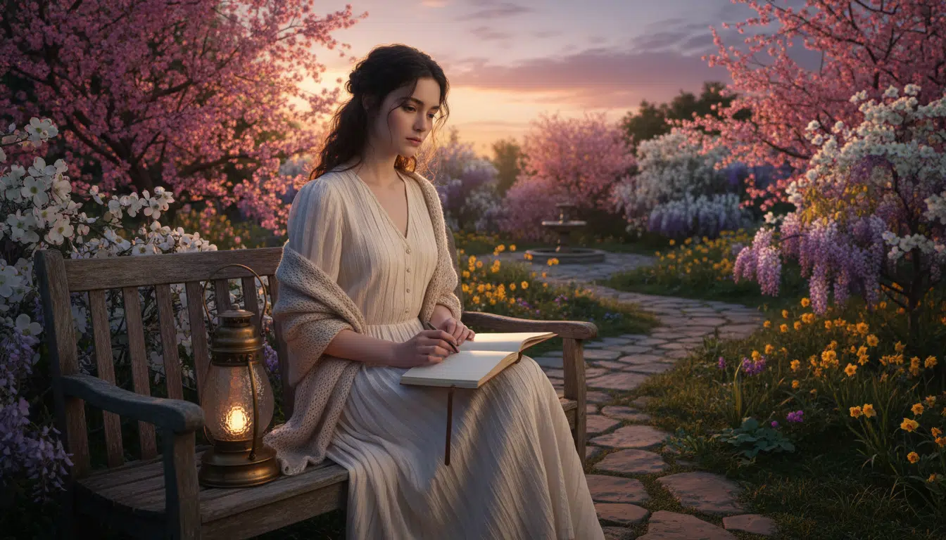 Femme pensive avec un journal dans un jardin au crépuscule