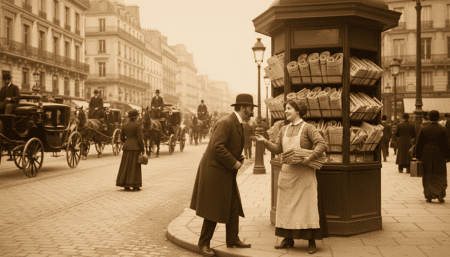 Ancien kiosque parisien Haussmannien avec un kiosquier et des journaux