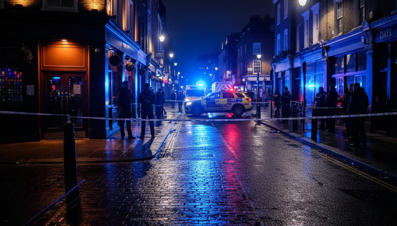 Scène nocturne devant un club londonien avec police