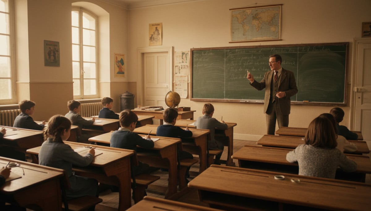 Ancienne salle de classe d'école de village française, années 60.