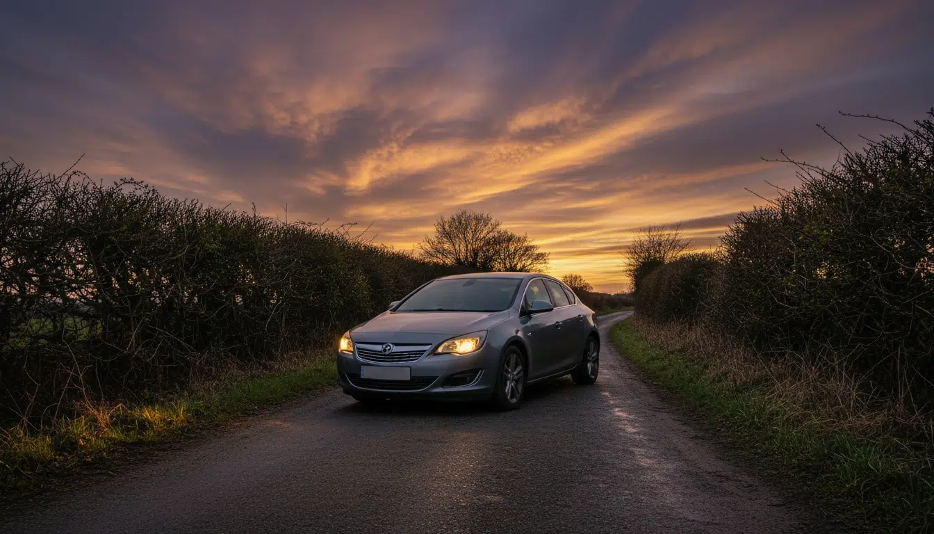 Vauxhall Astra garée sur une route de campagne anglaise au crépuscule