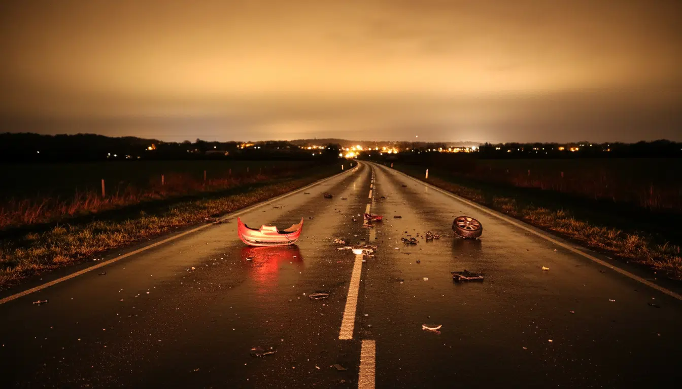 Route de contournement de nuit avec débris et lumières de secours