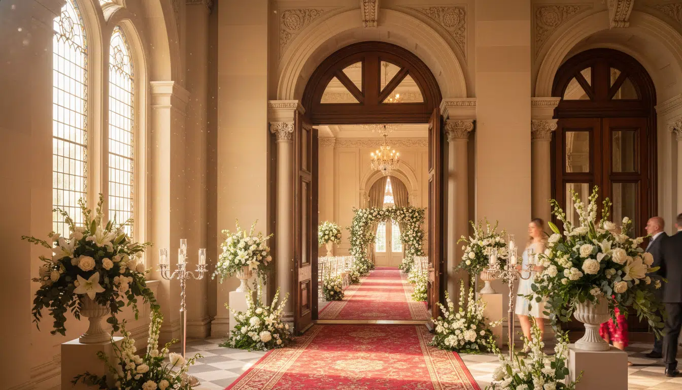 Couloir élégant d'un manoir victorien menant à une cérémonie