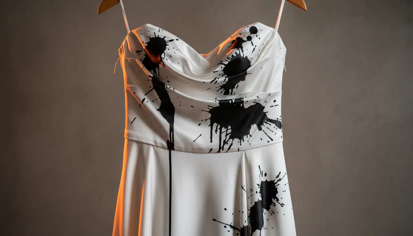 Robe de mariée blanche tachée de peinture noire