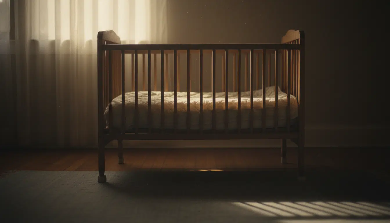 Berceau vide dans une chambre sombre évoquant la maltraitance