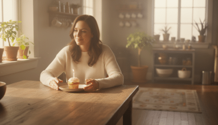 Femme seule devant un cupcake d'anniversaire non allumé